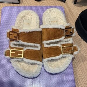 Fendi Suede Shearling Buckle Slides in Tan and Cream